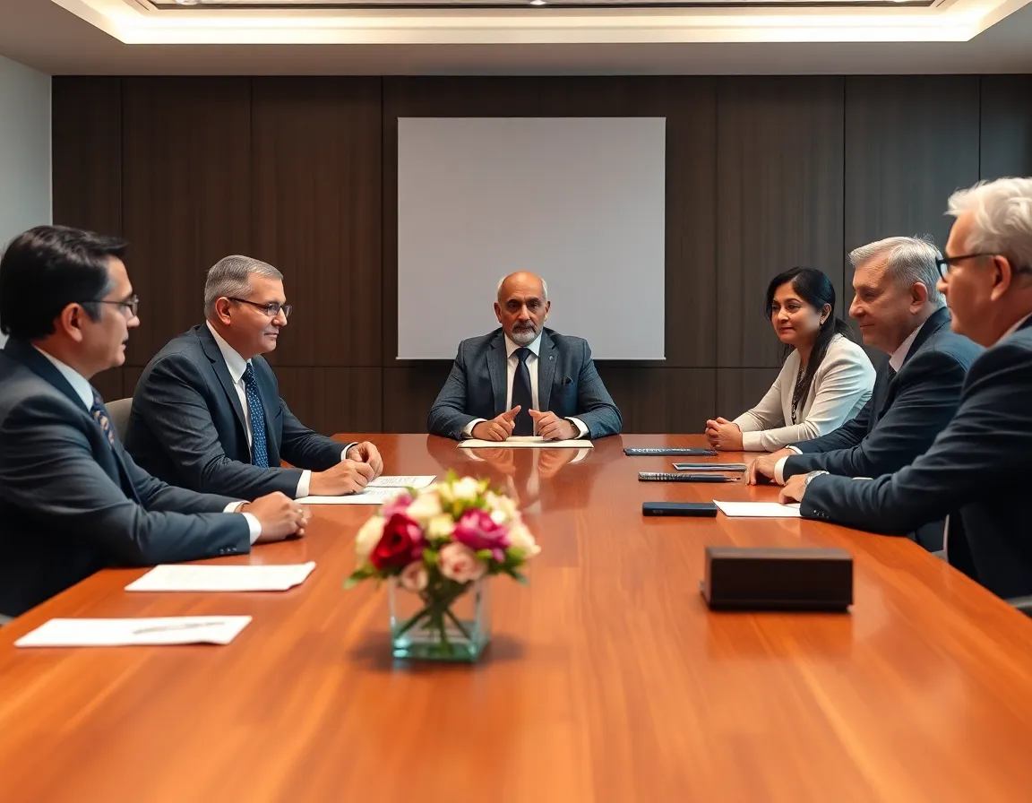 A formal board meeting in progress, with members listening intently to a chairperson, representing governance.