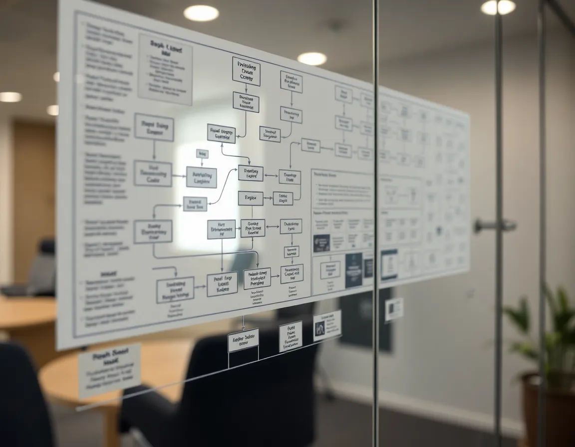 Close-up on a complex flowchart on a glass wall, with an executive's hand pointing to a key decision point.